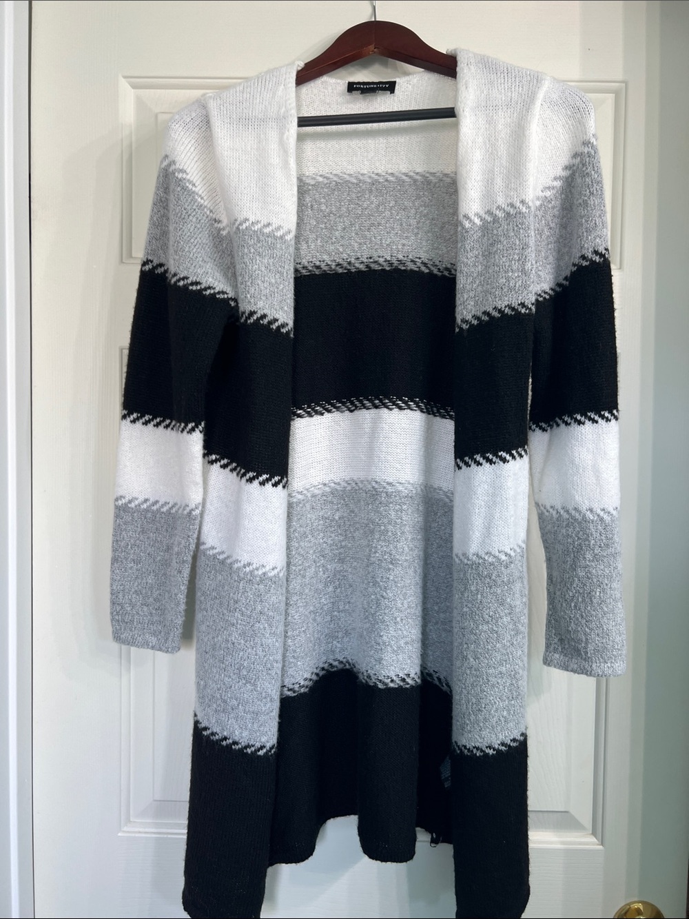 Open-Front Striped Long Cardigan Sweater - Black, White & Gray